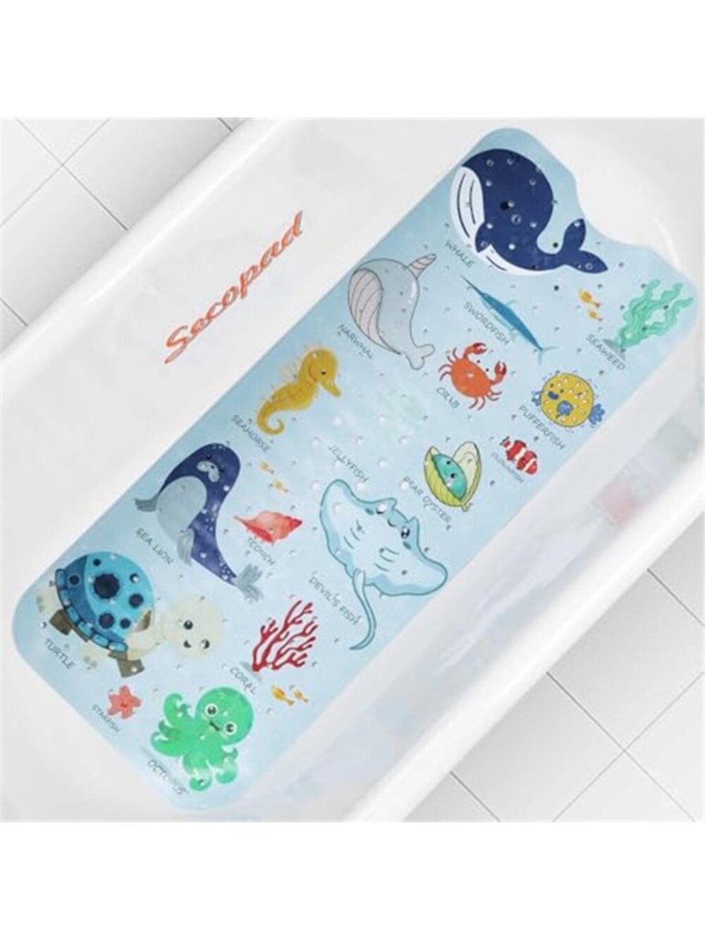 Kids Bath Mat Non Slip Bathtub Mat Toddler Baby Suction Cup Sea Animals Blue
